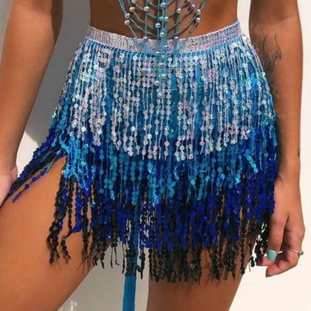 Sexy Sequin Tassles Tie Back Rave Belly Dance Skirt + Groovy Blue Sunglasses SET